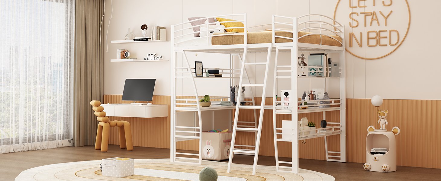 Full Size Loft Bed With 4 Layers Of Shelves And L-Shaped Desk, Stylish Frame With A Set Of Sockets, USB Ports And And Wireless Charging - White - Image 13