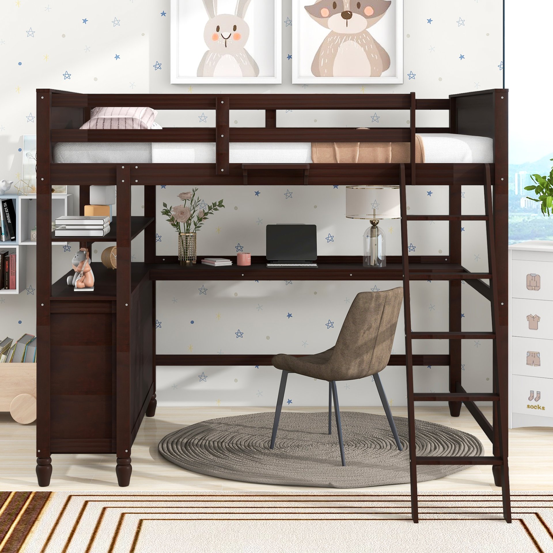 Full Size Loft Bed With Drawers And Desk With Shelves - Espresso - Image 2