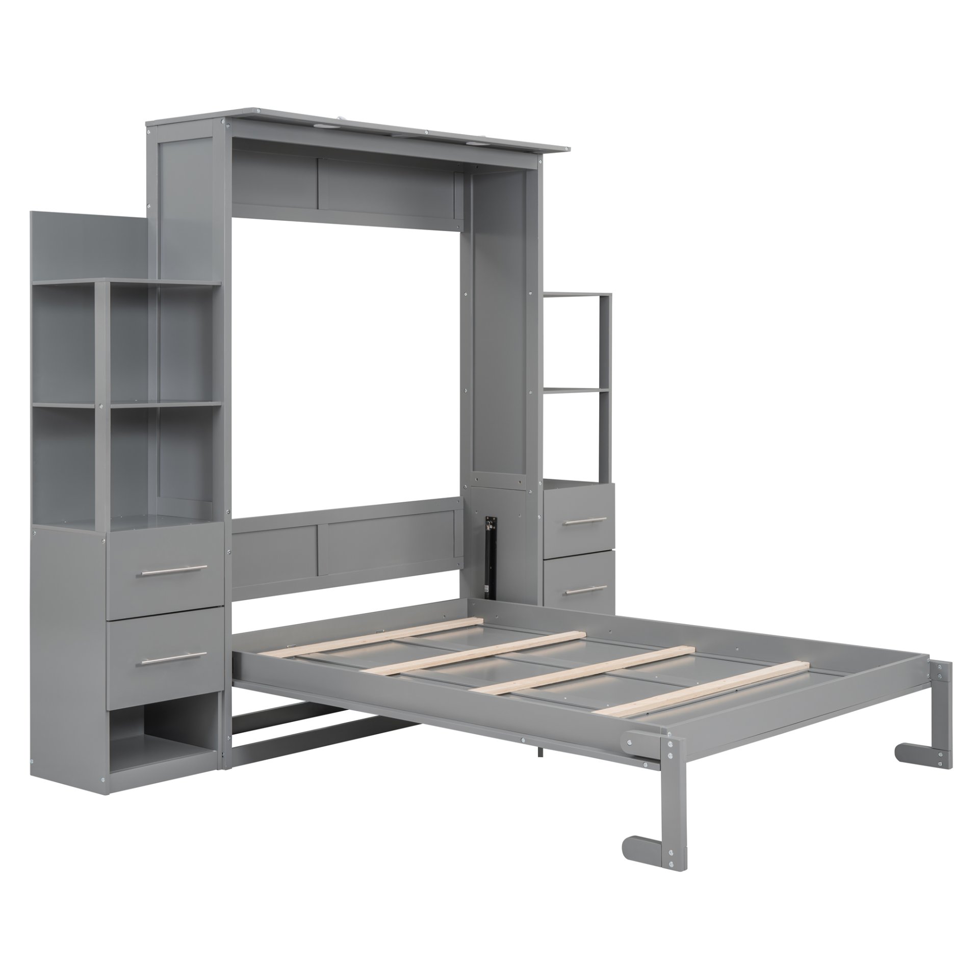 Full Size Murphy Wall Bed & Shelves, Drawers And LED Lights - Gray - Image 6
