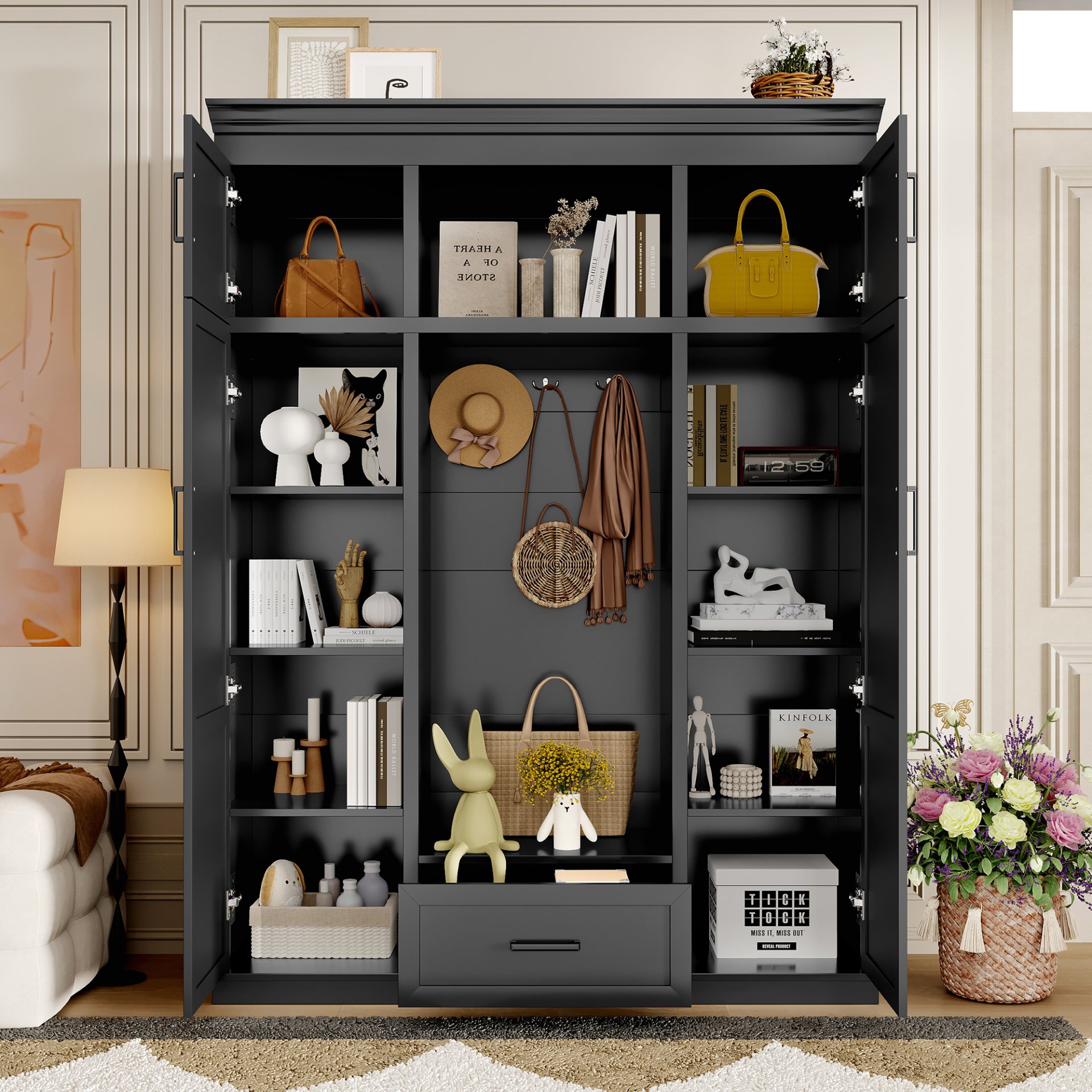 Hall Tree With Bench And 3 Hooks, Modern Entryway Storage Organizer Cabinet With 4 Doors, 1 Drawer And Adjustable Shelves For Hallway, Entryway, Living Room - Black - Image 2
