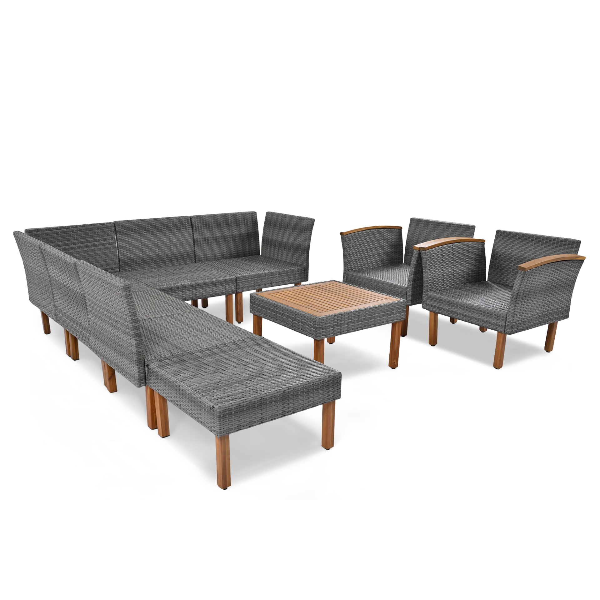 9 Piece Patio Rattan Furniture Set, Outdoor Conversation Set With Acacia Wood Legs And Tabletop, PE Rattan Sectional Sofa Set With Coffee Table, Washable Cushion - Gray - Image 9