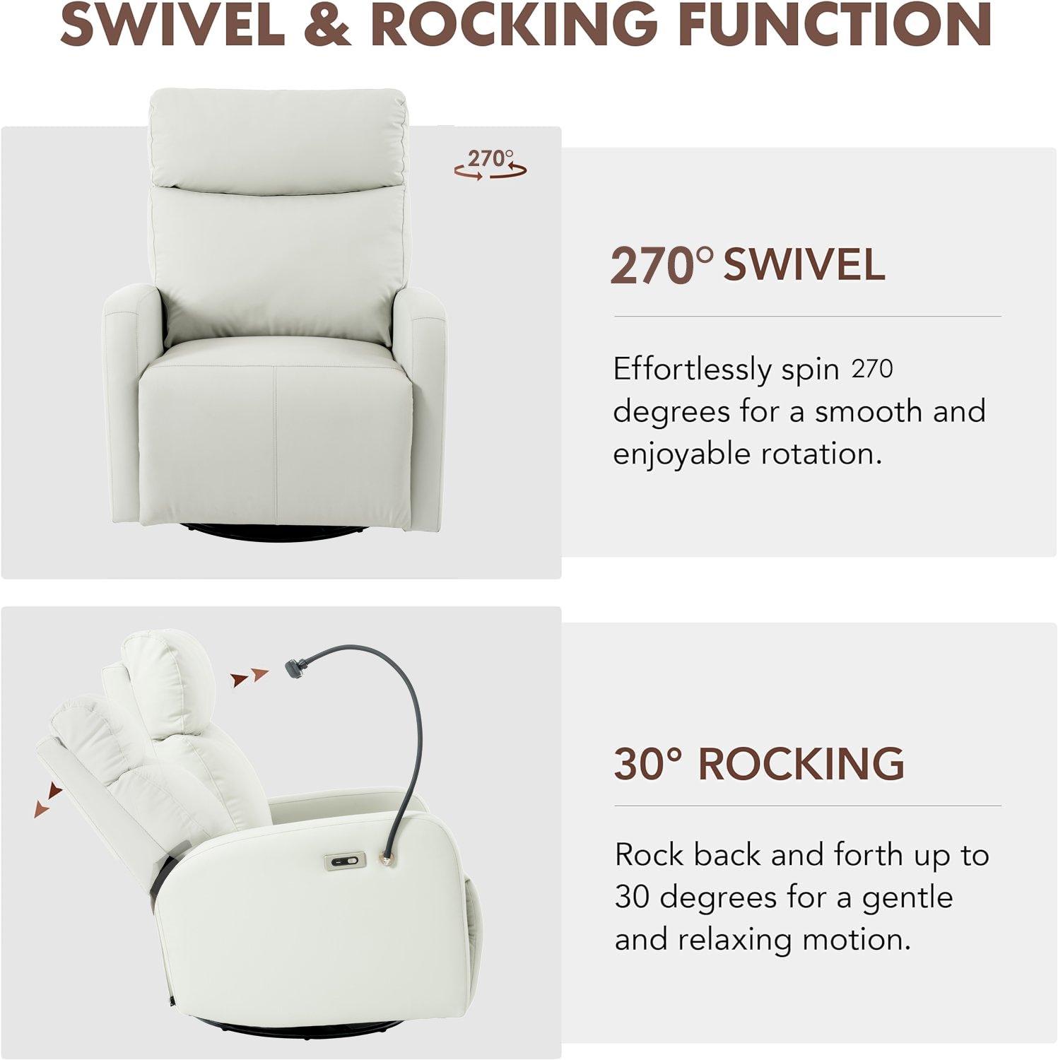 31.5" 270 Power Swivel Rocker Recliner Chair, Electric Glider Reclining Sofa With USB Ports, Power Swivel Glider, Rocking Chair Nursery Recliners For Living Room Bedroom - Light Gray - Image 11