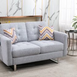 Victoria - Linen Fabric Loveseat With Metal Legs, Side Pockets, And Pillows - Light Gray