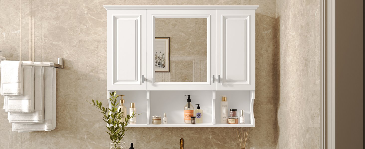 Wall Mounted Bathroom Medicine Cabinet, Modern Bathroom Wall Cabinet With Mirror, Mirror Cabinet With Open Shelves - White - Image 24