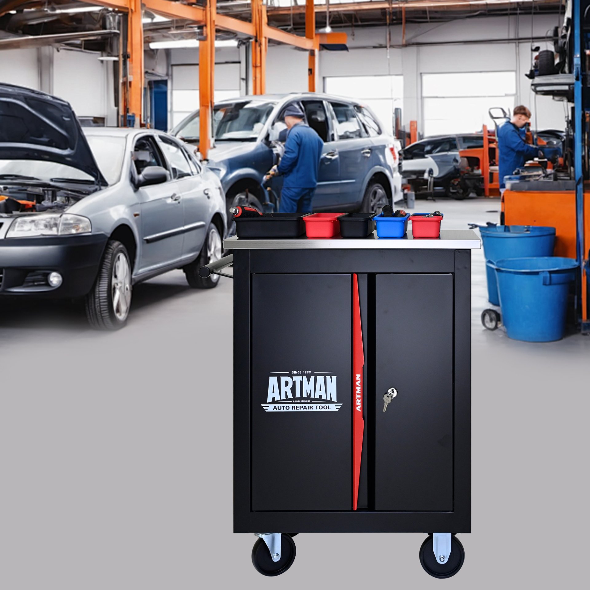Double Door Clapboardl Multi Function Tool Cart - Black / Red - Image 2