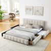 Modern Queen Size Upholstered Bed Frame With Headboard And Storage Drawer - Beige - Image 3
