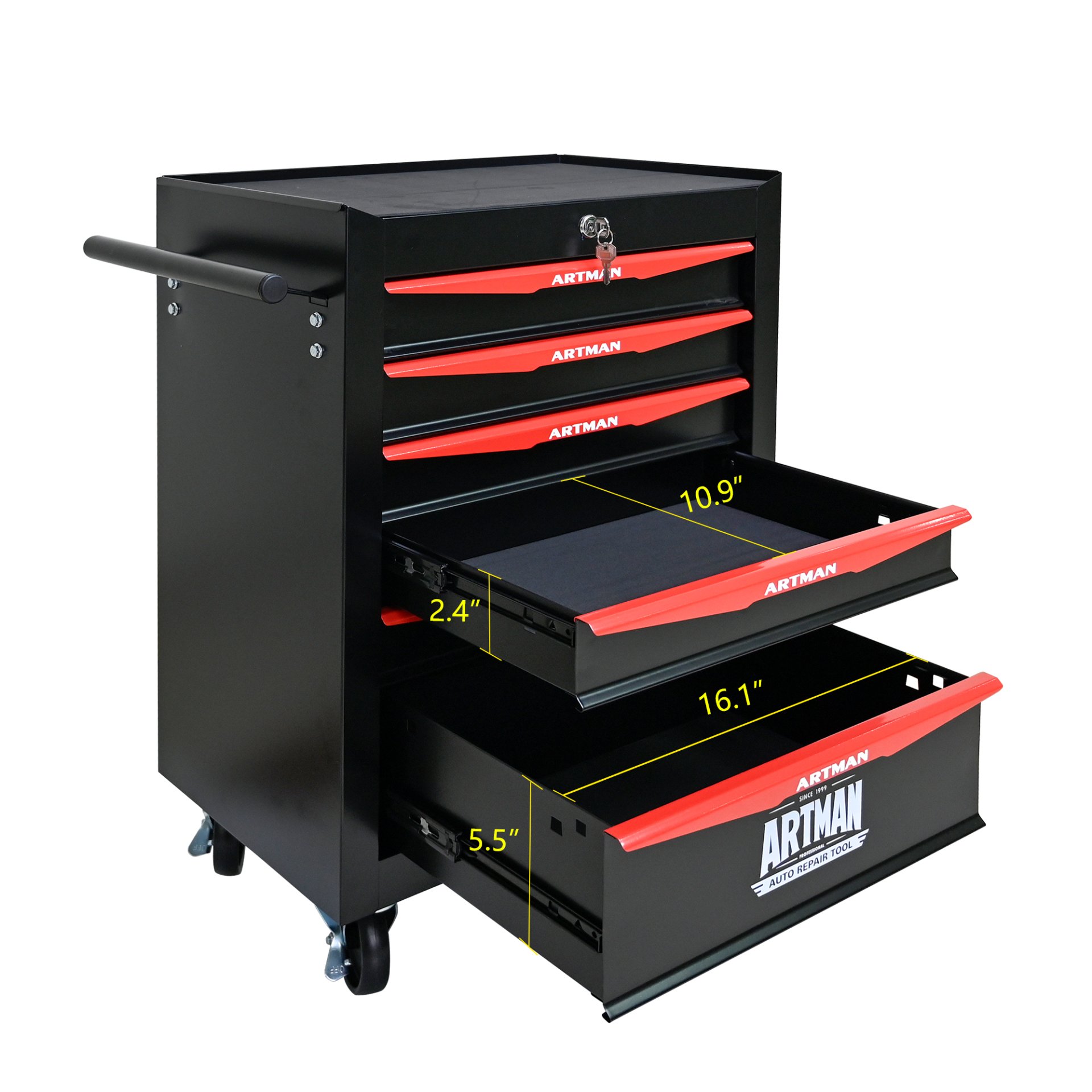 Rolling Metal Tool Chest With 6 Drawers, 20" Steel Storage Cabinet With Ball Bearing Slides - Black / Red - Image 9