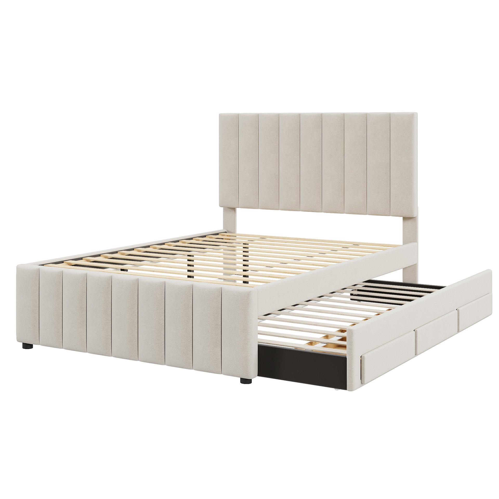 Full Size Upholstered Platform Bed With Twin Size Trundle And 3 Drawers - Beige - Image 8