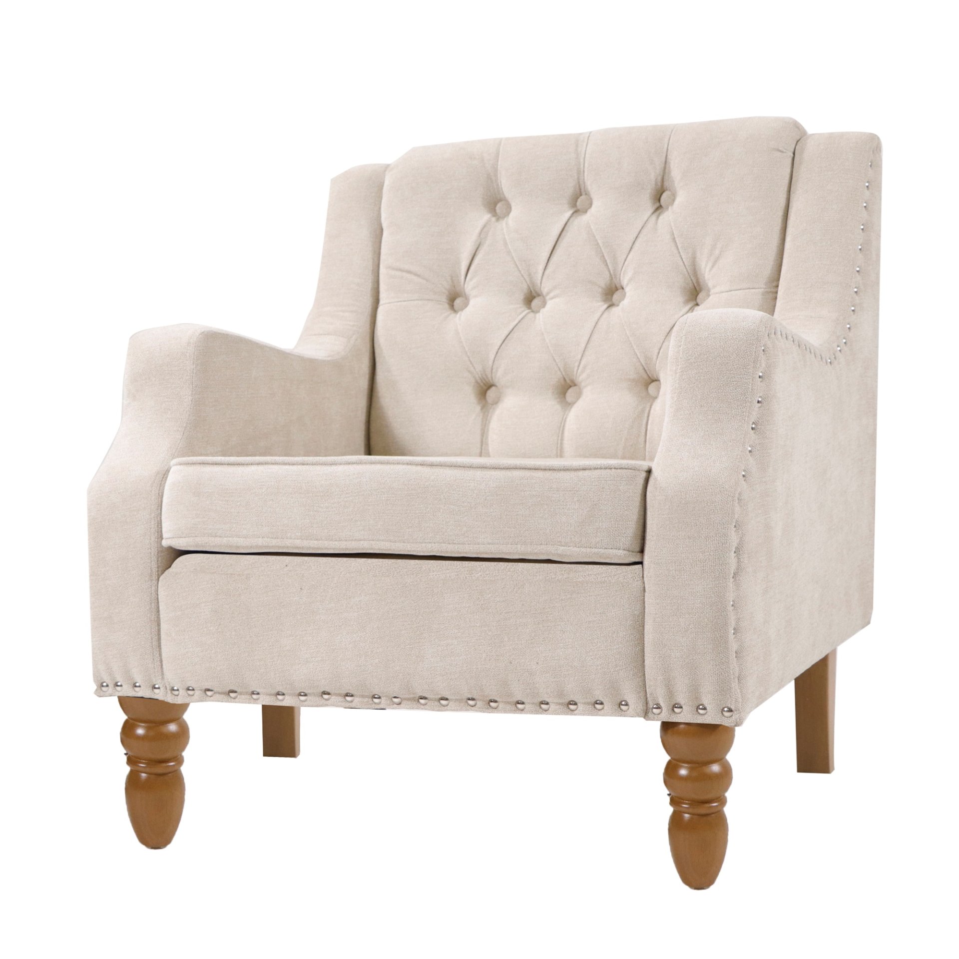 Accent Chair, Living Room Chair, Footrest Chair Set With Vintage Brass Studs, Button Tufted Upholstered Armchair For Living Room, Comfy Reading Chair For Bedroom, Reception Room - Beige - Image 24