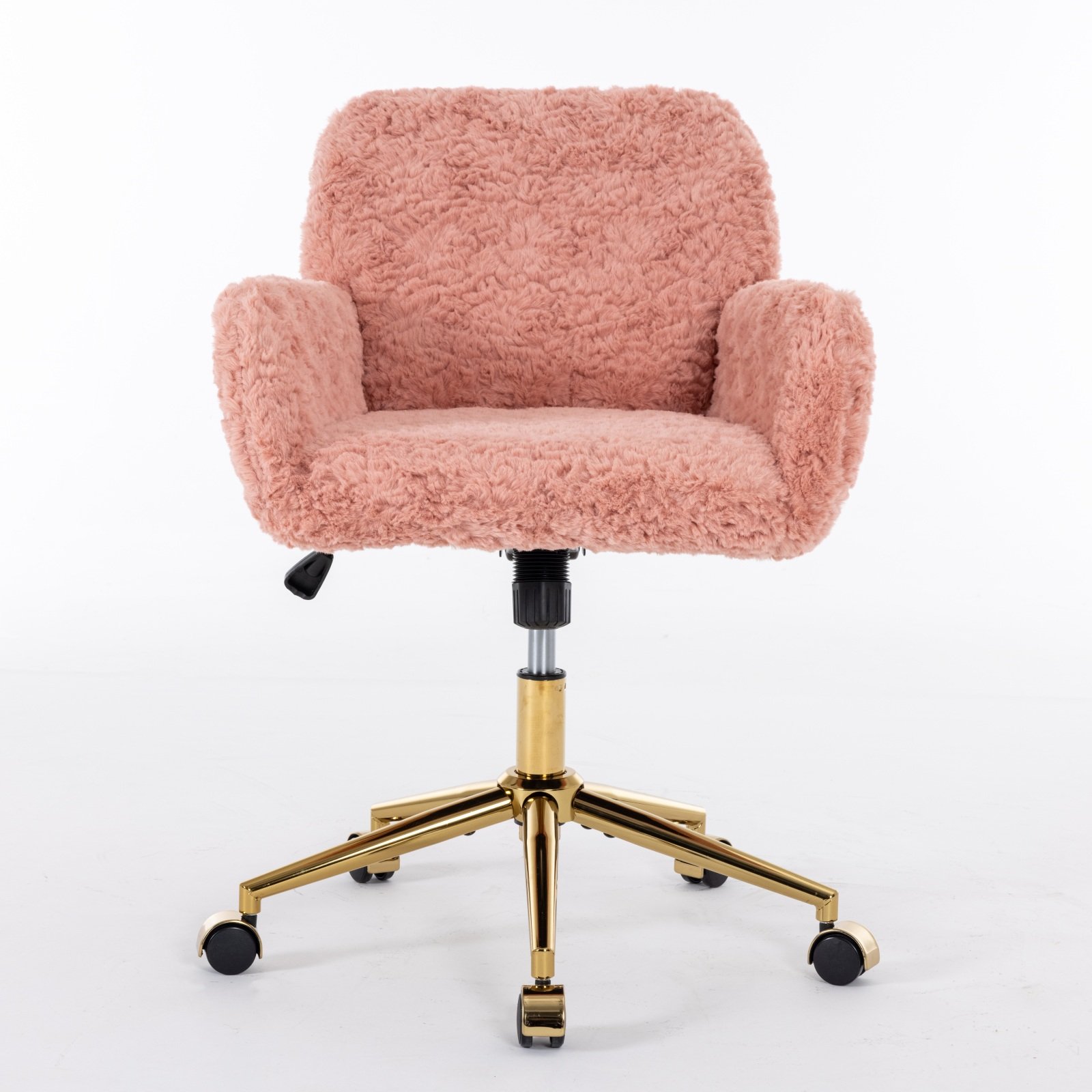 Office Chair, Artificial Rabbit Hair Home Office Chair With Golden Metal Base, Adjustable Desk Chair Swivel Office Chair, Vanity Chair - Pink - Image 3