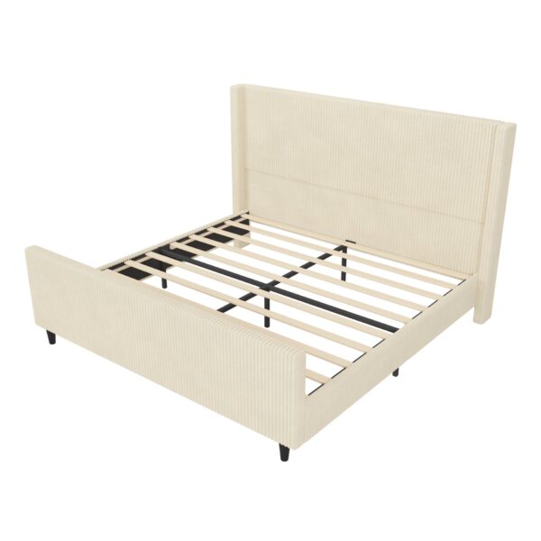 King Size Upholstered Bed Frame With Vertical Stripe Wingback And High Footboard - Cream