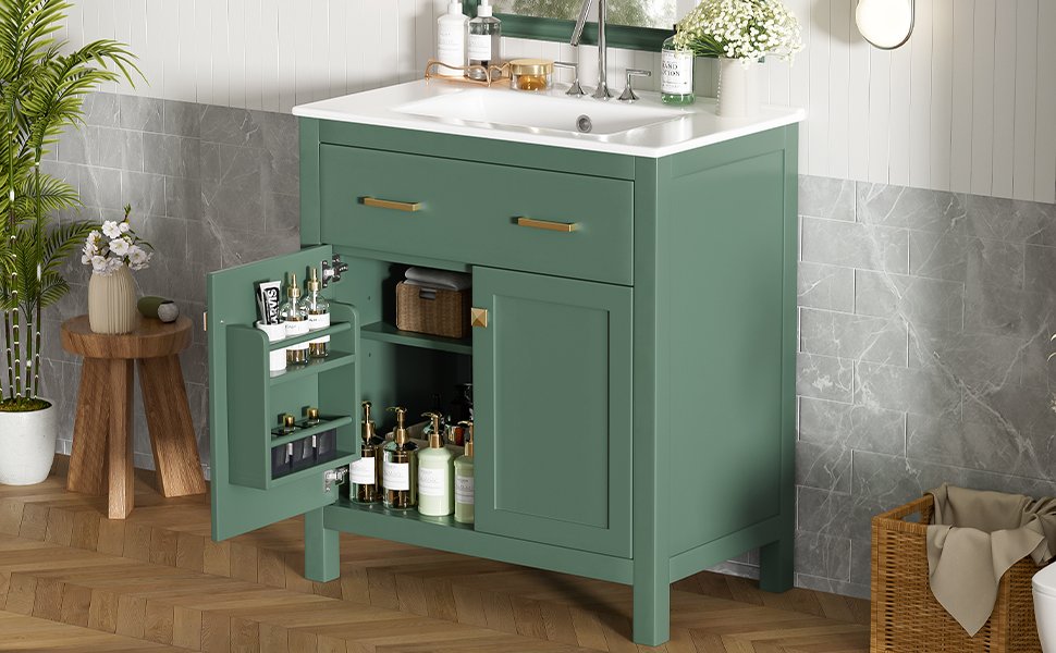 Bathroom Vanity With Ceramic Sink, Modern Single Bathroom Cabinet With 2 Doors And A Shelf, Soft Close Doors - Green - Image 30