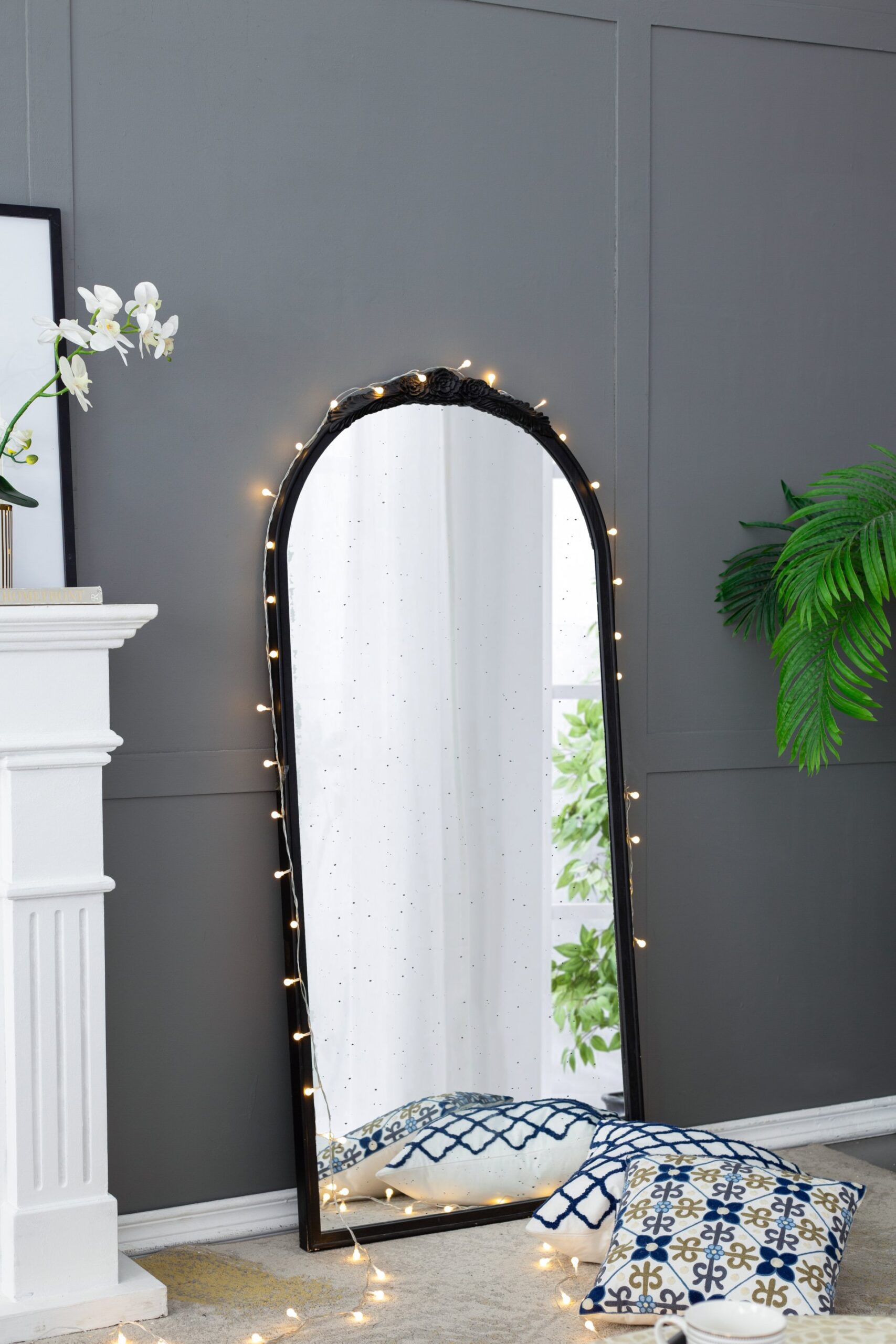 Hand Carved Rose Antique Mirror Frame, Large Arch Mirror Wall Decor For Living Room, Bathroom, Entryway - Black - Image 14