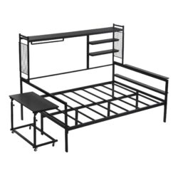 Full Size Daybed With Movable Desk, Grid, Shelves And Clothes Hanger - Black