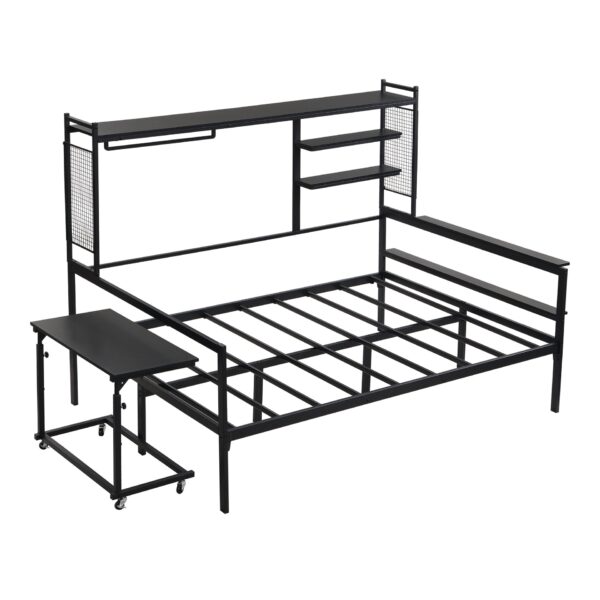 Full Size Daybed With Movable Desk, Grid, Shelves And Clothes Hanger - Black