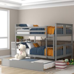 Full Over Full Bunk Bed With Twin Size Trundle And Ladder - Gray