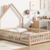 Full House-Shaped Headboard Floor Bed With Fence - Natural - Image 5