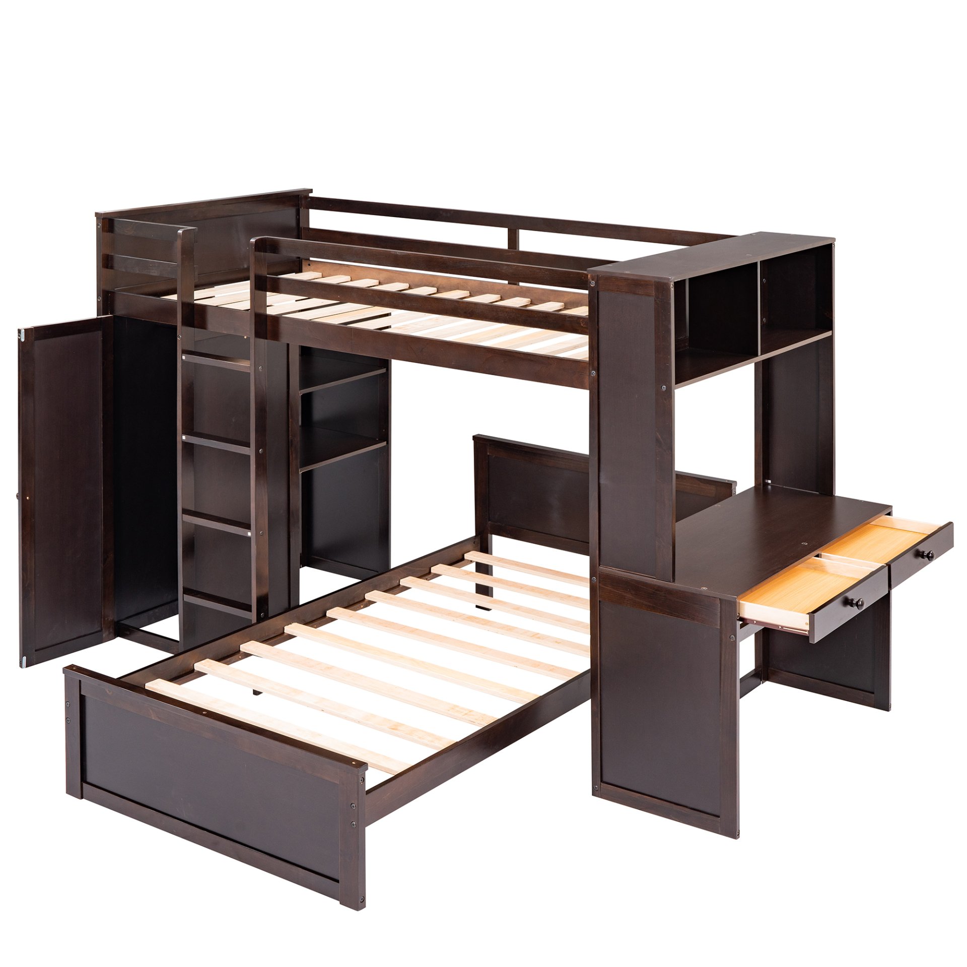 Twin Size Loft Bed With A Stand Alone Bed, Shelves, Desk, And Wardrobe - Espresso - Image 11