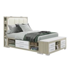 Messa - Full Bed With Bookcase Headboard And Storage - Natural / White