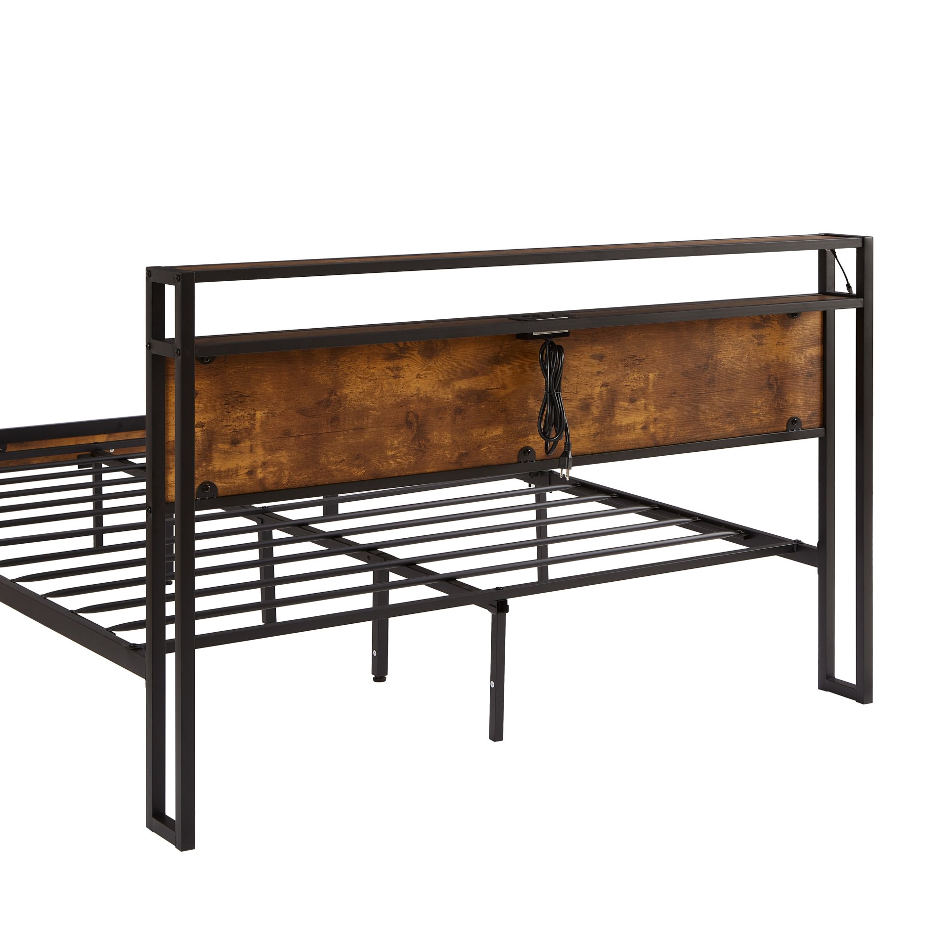 Full Size Metal Platform Bed Frame With Wooden Headboard And Footboard With USB Liner, LED Lights, No Box Spring Needed, Large Under Bed Storage - Brown - Image 3