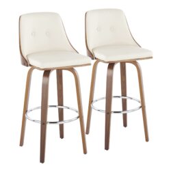 Gianna - Mid-Century Modern Fixed Height Barstool With Swivel With Round Footrest (Set of 2) - Walnut / Cream