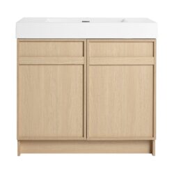Modern Freestanding Bathroom Vanity, White Resin Sink & Soft Close Cabinet Doors - Oak