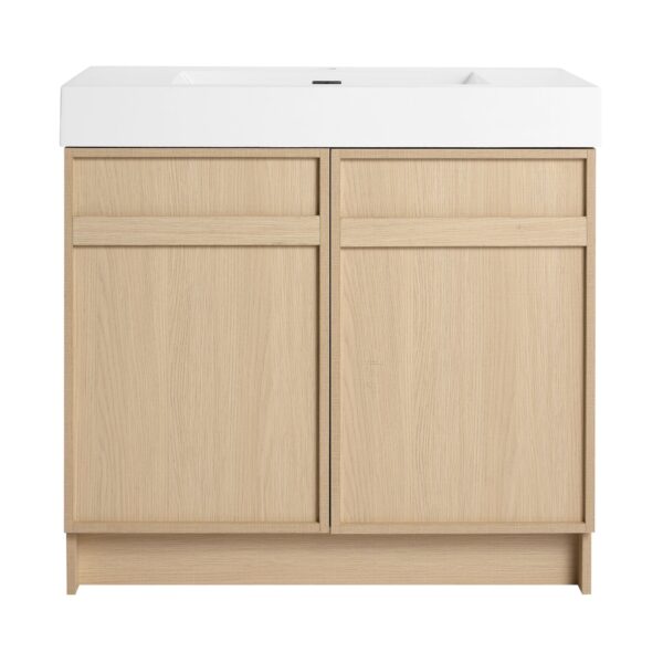 Modern Freestanding Bathroom Vanity, White Resin Sink & Soft Close Cabinet Doors - Oak