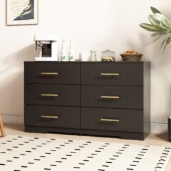 Large 6 Drawers Chest Of Drawer Dressers Table With Golden Handle - Black