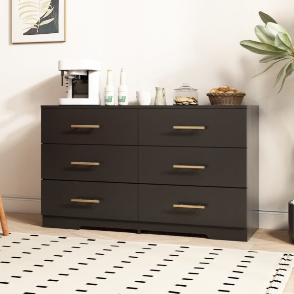 Large 6 Drawers Chest Of Drawer Dressers Table With Golden Handle - Black