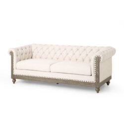 Comfy 3 Seat Sofa With Wooden Legs, Retro Style For Living Room And Study - Beige