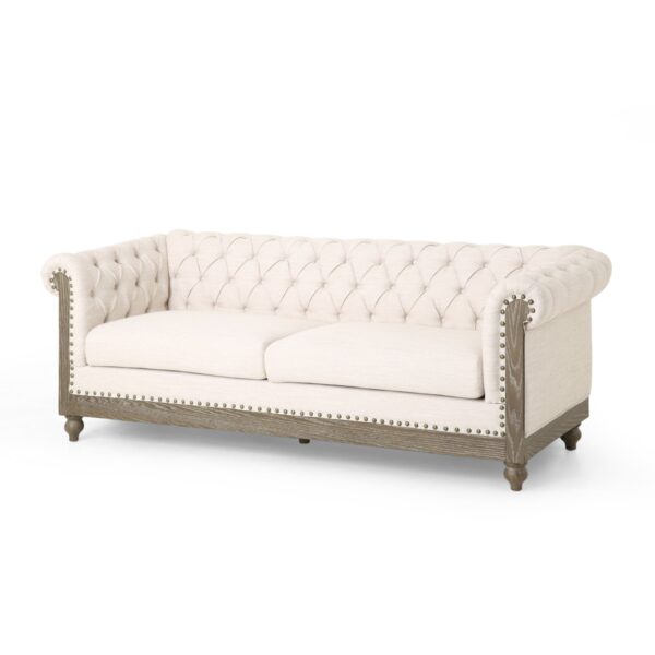 Comfy 3 Seat Sofa With Wooden Legs, Retro Style For Living Room And Study - Beige