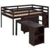 Full Loft Low Study Bed With Cabinet, Shelves And Rolling Portable Desk, Multiple Functions - Espresso - Image 2