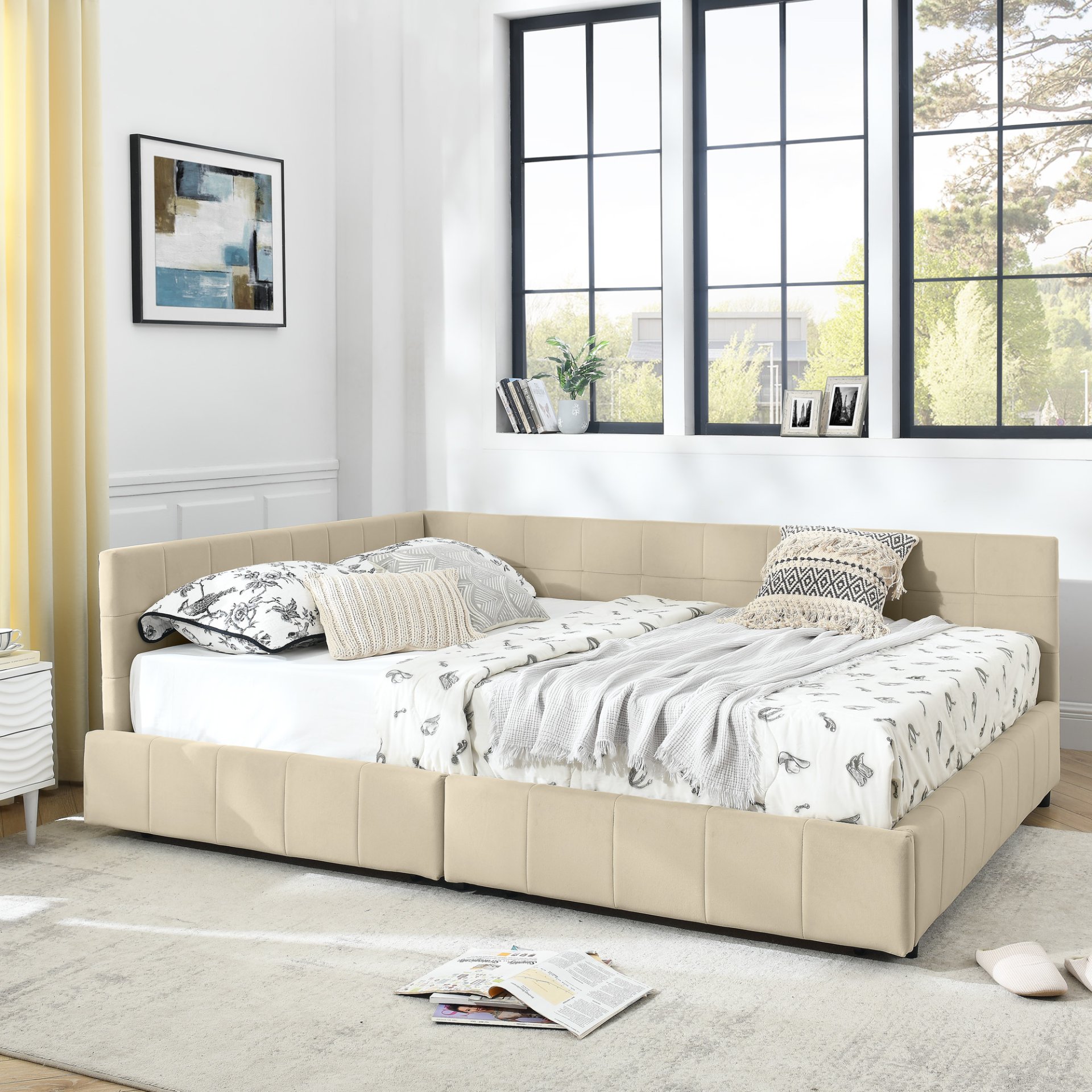 Mid Century Velvet Upholstered Tufted Queen Size Storage Bed Frame With Backrest And Armrests - Beige - Image 6