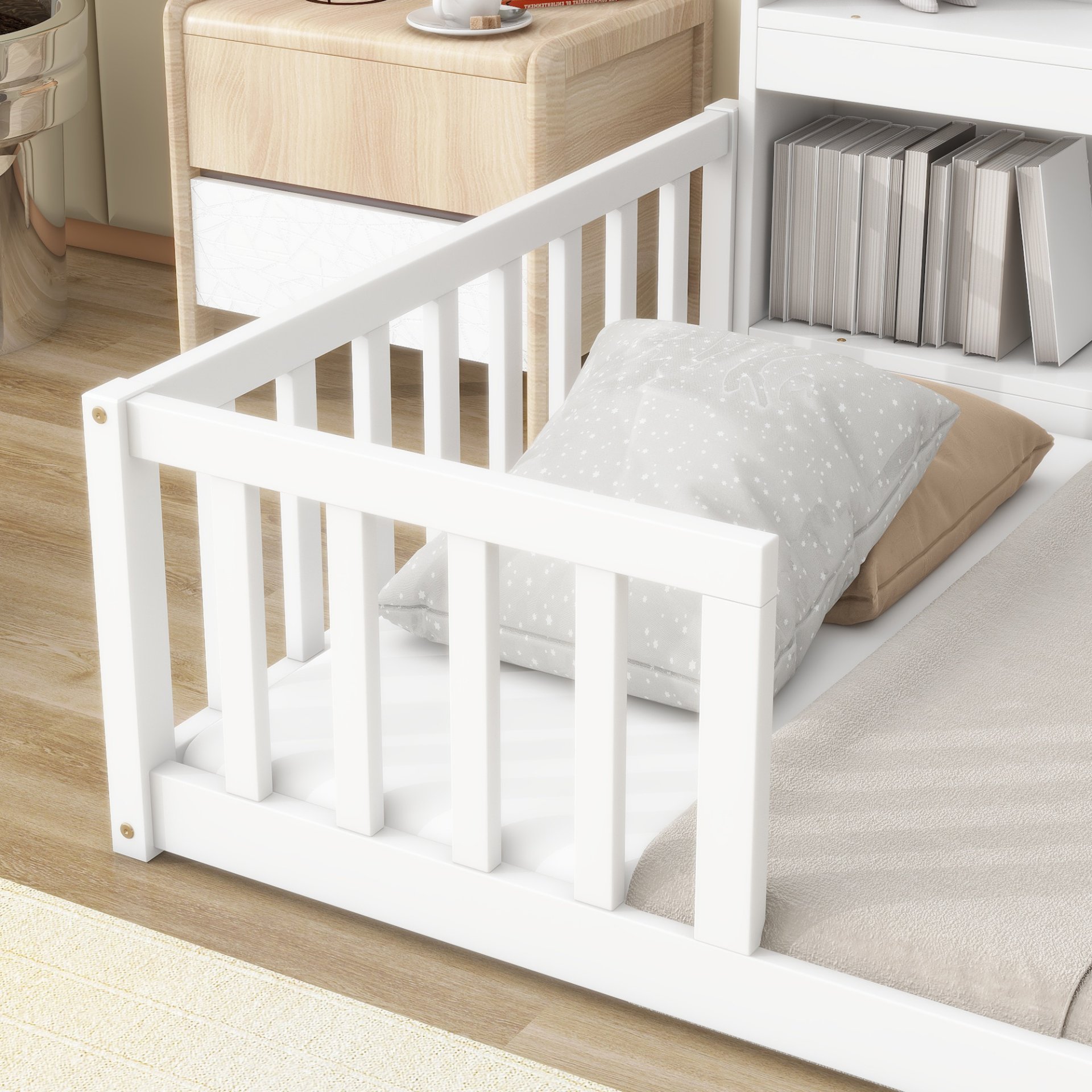 Twin Floor Bed With Bedside Bookcase, Shelves, Guardrails - White - Image 5