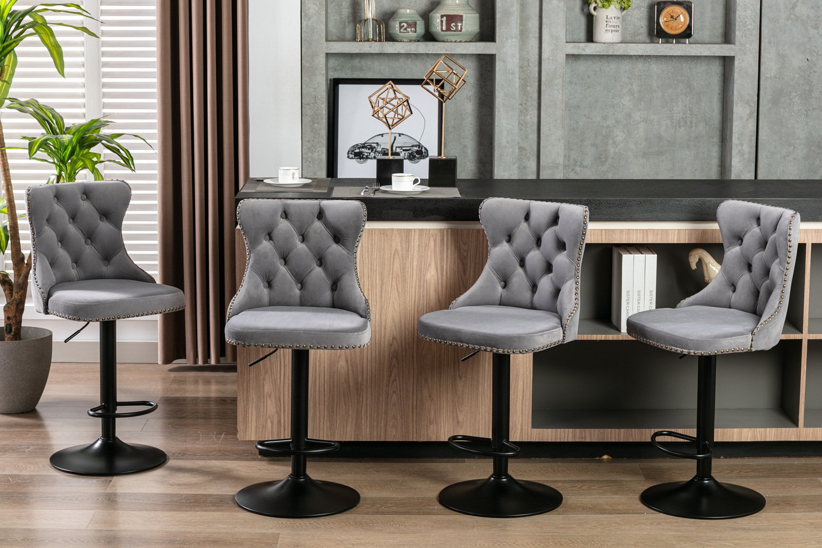 Swivel Velvet Barstools Adjusatble Seat Height, Modern Upholstered Bar Stools With Backs Comfortable Tufted For Home Pub And Kitchen Island (Set of 2) - Gray - Image 17