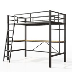 Twin Metal Loft Bed With L - Shaped Desk, Charging Station Loft Bed Frame Twin Size, Safety Guard & Ladder, No Box Spring Needed - Black