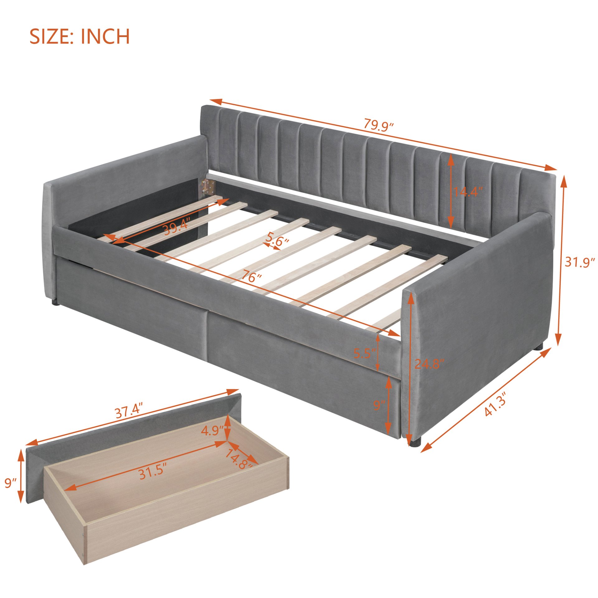 Twin Size Upholstered Daybed & Drawers, Slat Support - Gray - Image 13
