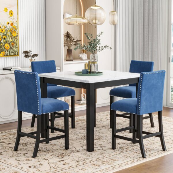 5-Piece Counter Height Dining Table Set With One Faux Marble Top Dining Table And Four Velvet Upholstered Chairs - Blue