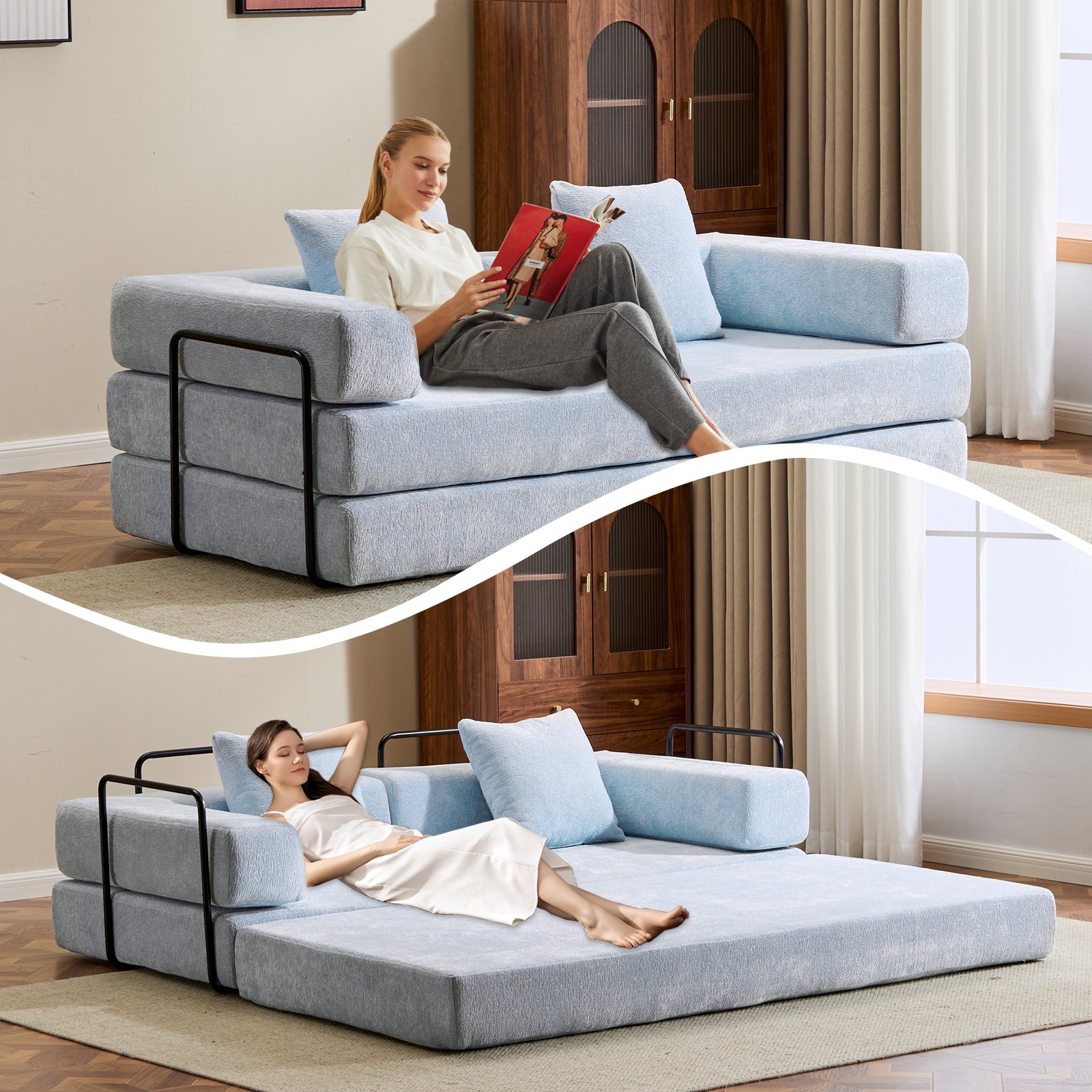 Floor Couch, Compression Sofa, Convertible Floor Sofa Bed With Pillow Back Support Armrest - Light Blue - Image 8