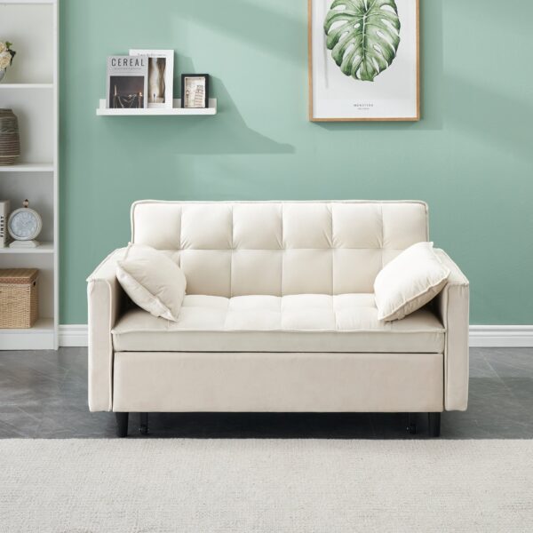 Modern Velvet Sofa, Sofa Pull-Out Bed, Small Love Seat Casual Sofa With Back, With Pillow, Pockets, Living Room Furniture, 3 In 1 Convertible Sleep Sofa Bed - Beige