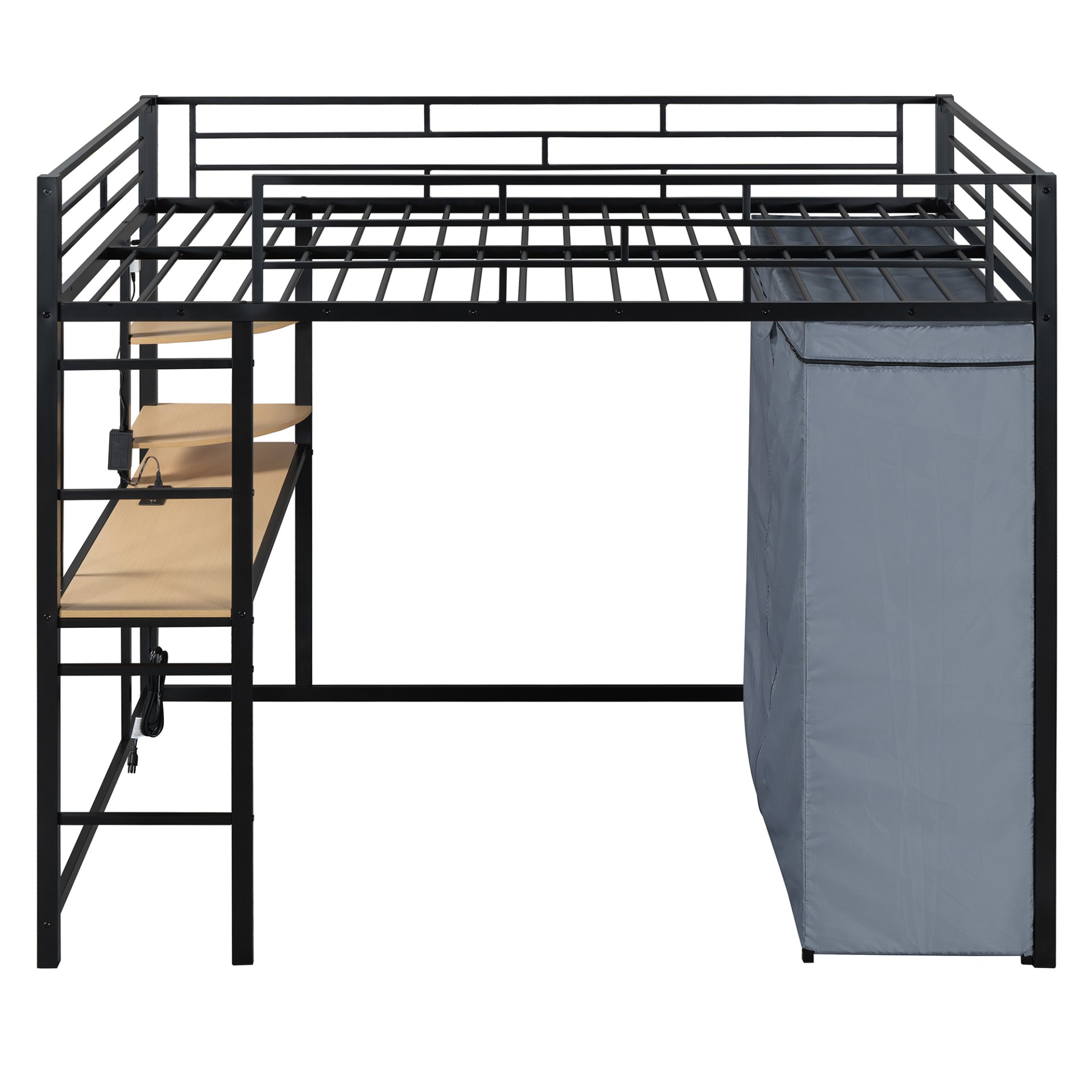 Full Size Loft Bed With Desk, Shelves, Power Outlet, LED Light And Wardrobe - Black - Image 6