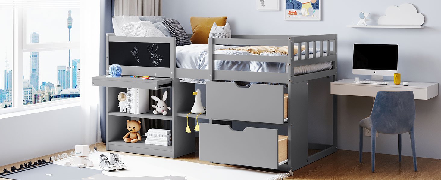 Twin Size Low Loft Bed With Rolling Desk, Shelf And Drawers - Gray - Image 17