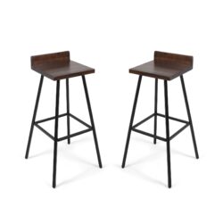 Outdoor Bar Stool With Low Backrests And Wood Seats (Set of 2) - Dark Brown / Black