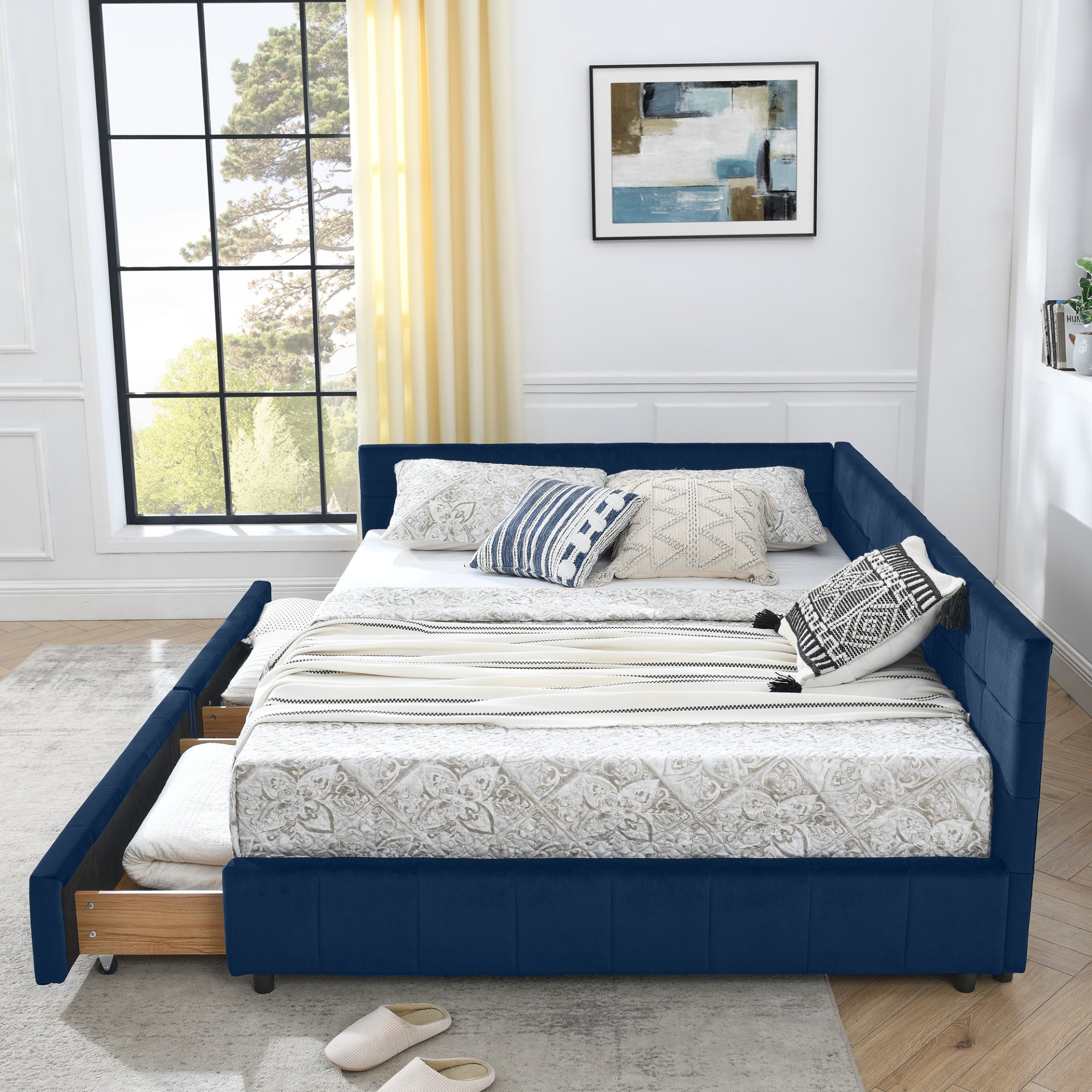 Queen Size Storage Upholstered Tufted Bed Frame, Comfortable Sofa Bed With Backrest And Armrests - Dark Blue - Image 5