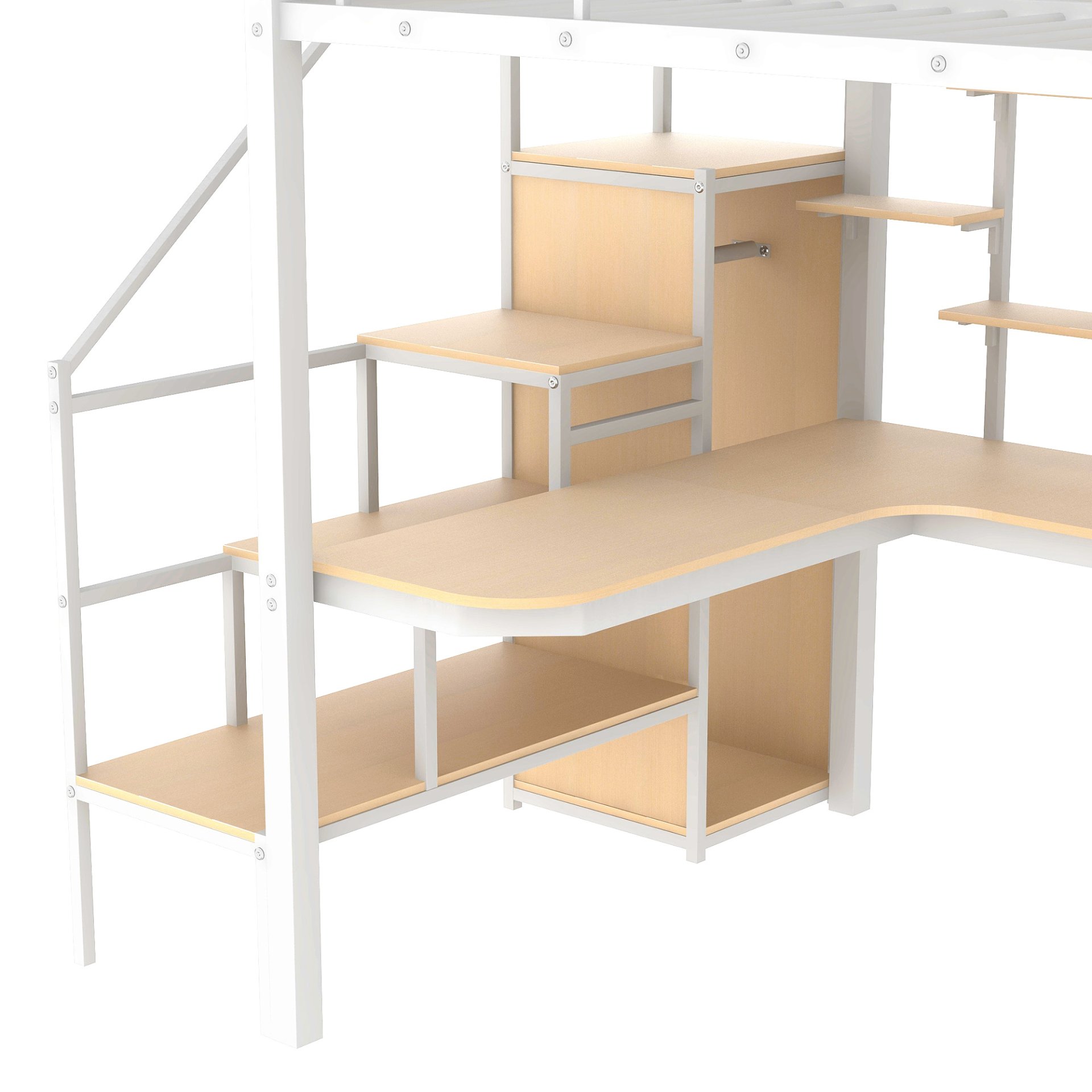 Full Size Metal Loft Bed With Storage Staircase And Small Wardrobe, Built - In Desk And Storage Shelves - White - Image 10