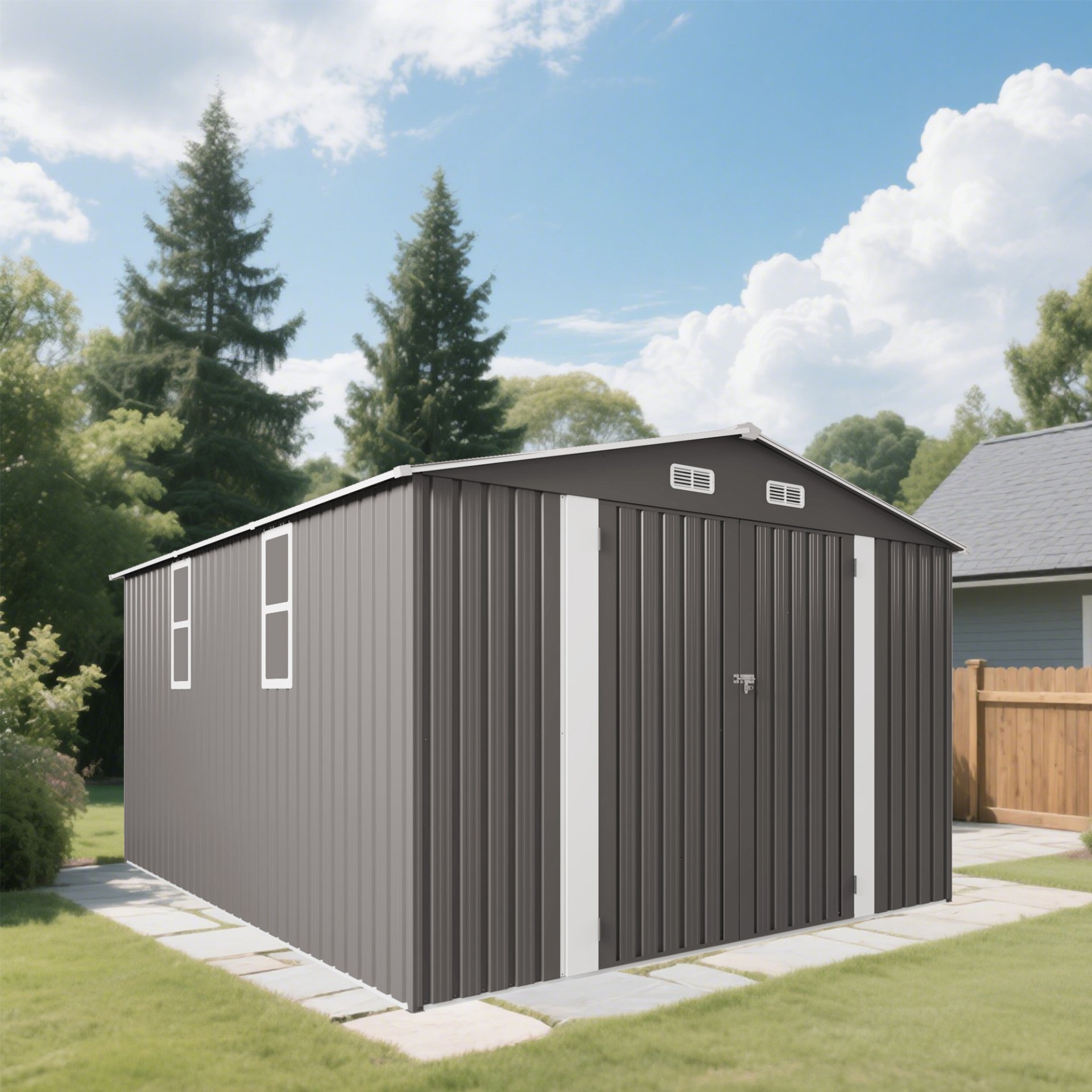 Large Metal Garden Shed With Double Door And Windows Waterproof Tool Shed - Gray - Image 4