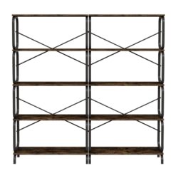 5 Tier Industrial Bookshelf, Rustic Brown Tall Bookcase With Open Wood & Metal Design, Vintage Storage Organizer - Black