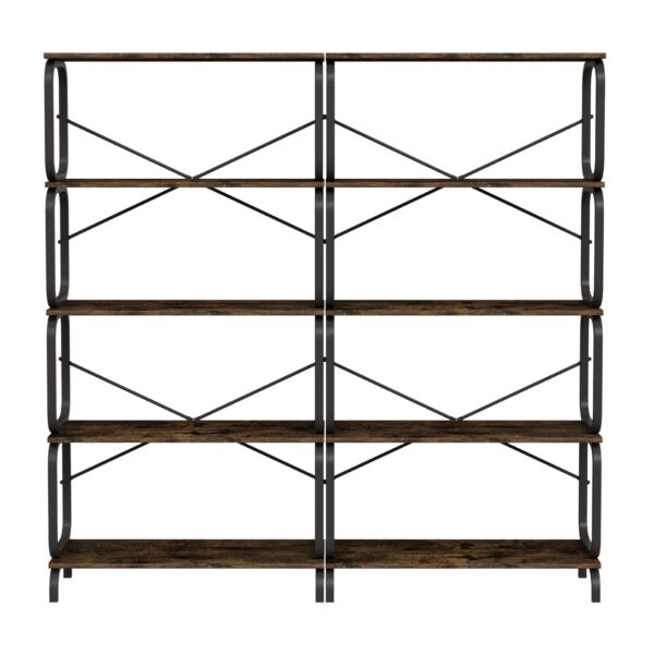 5 Tier Industrial Bookshelf, Rustic Brown Tall Bookcase With Open Wood & Metal Design, Vintage Storage Organizer - Black