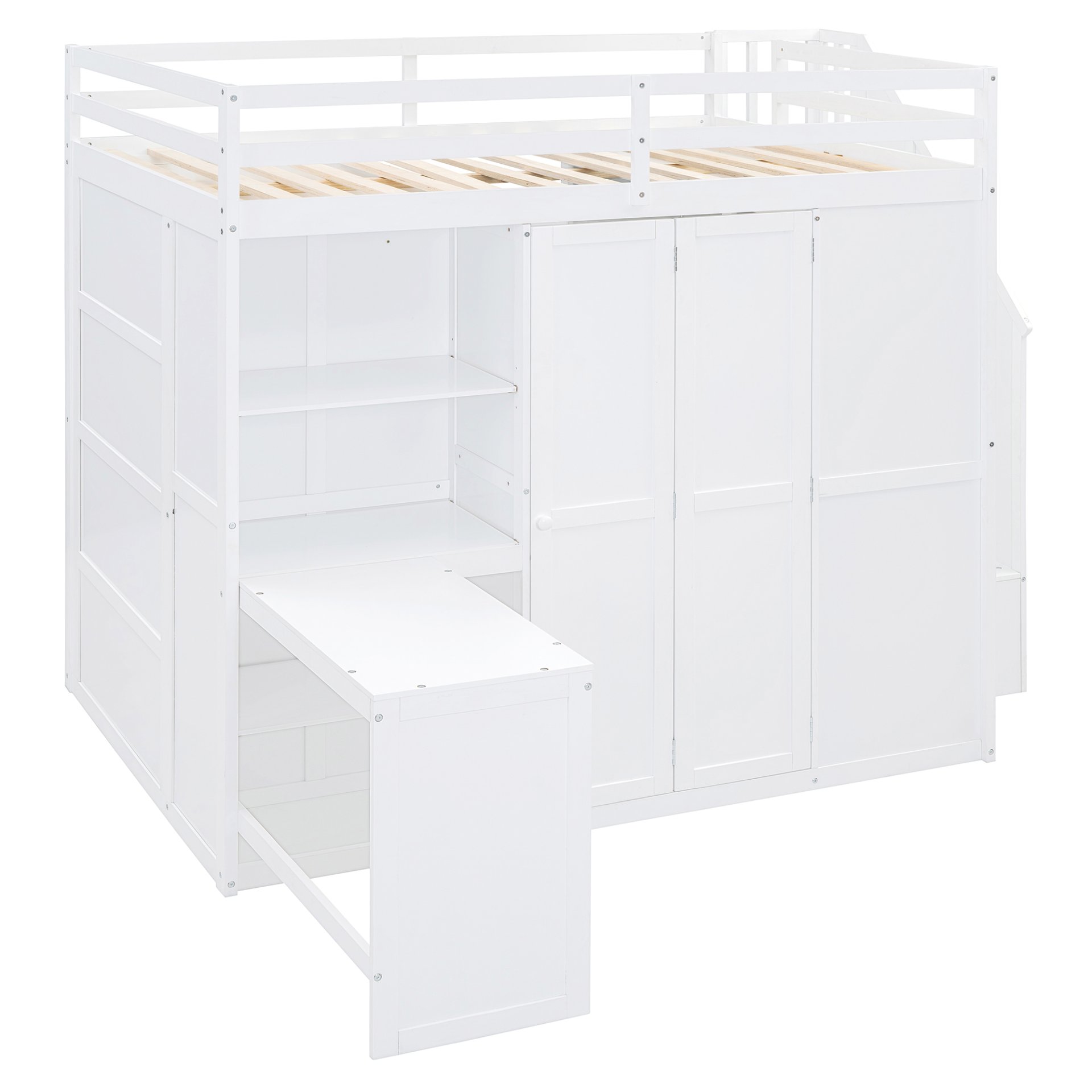 Full Size Loft Bed With Wardrobe, Desk And Shelves - White - Image 4