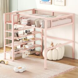 Full Size Loft Bed With 4 Tier Shelves And Storage - Pink